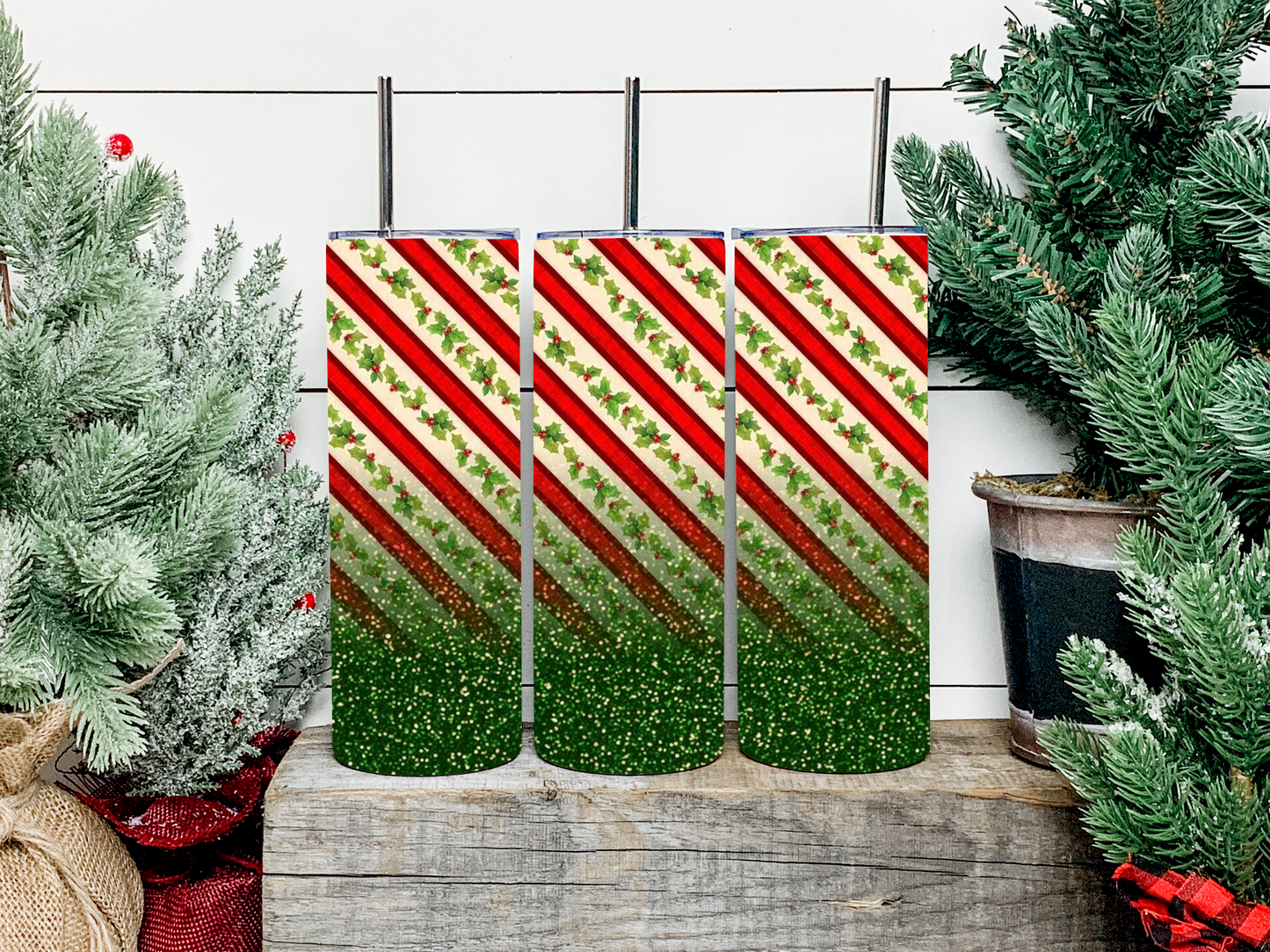 Candy Stripes With Green Glitter Tumbler - Head Of Walker Farm LLC