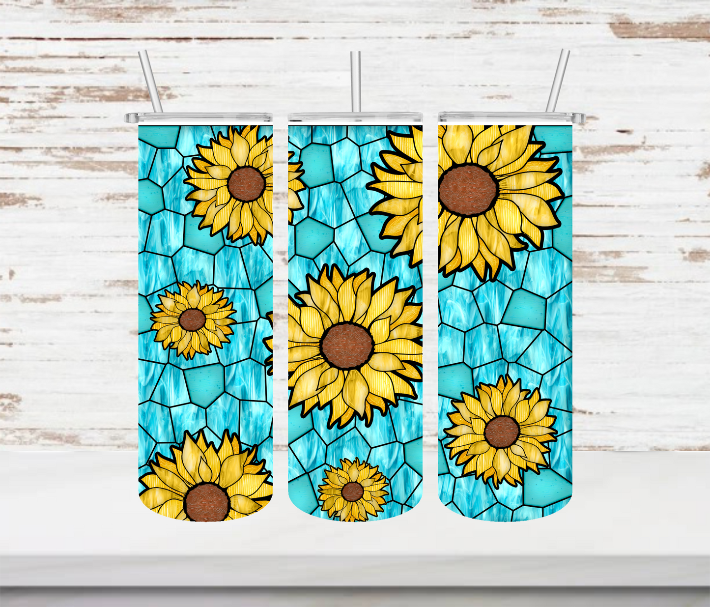 Sunflower Stained Glass on Teal Tumbler - Head Of Walker Farm LLC